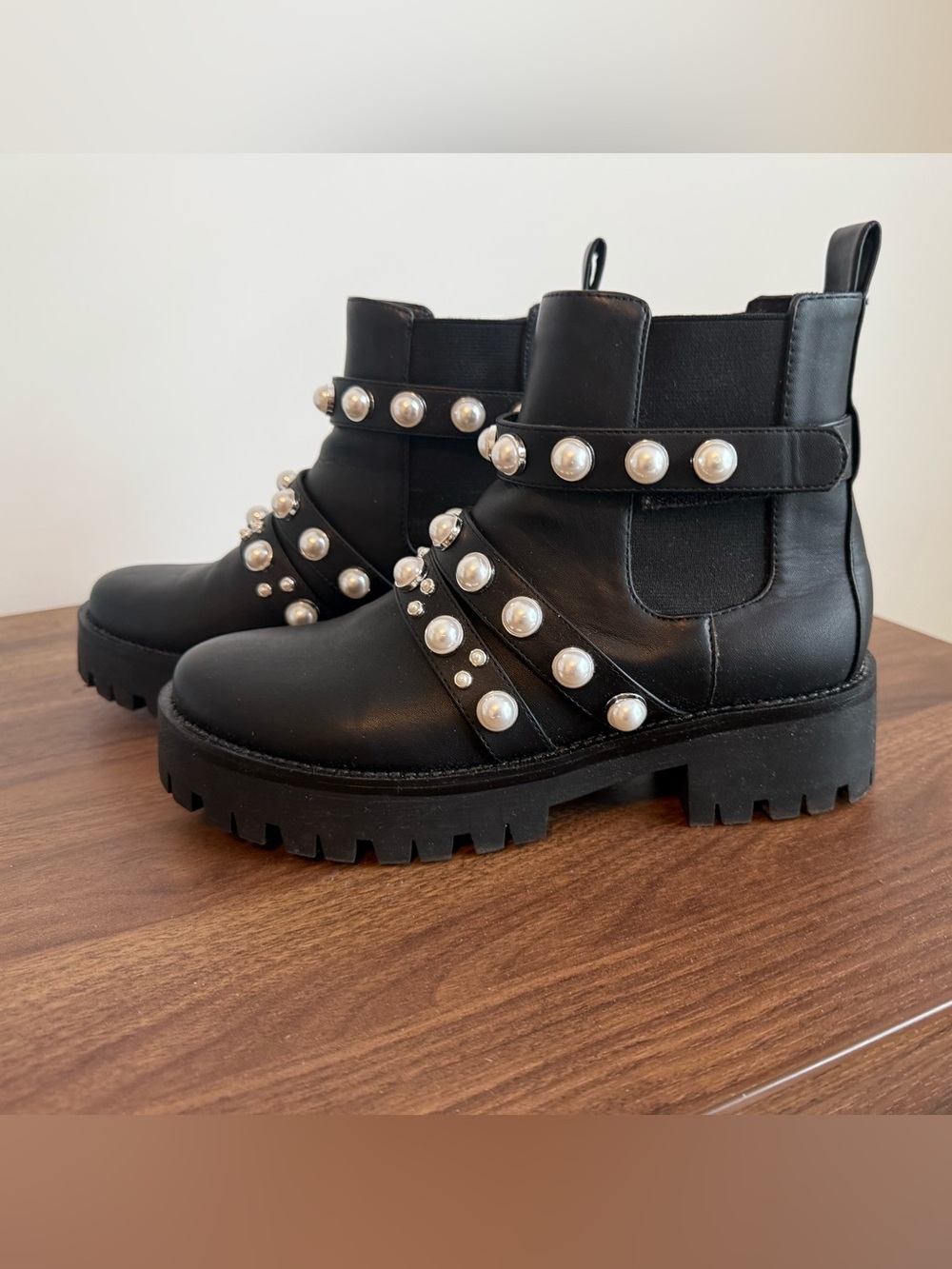 Nordstrom Black Pearl-Embellished Lug-Sole Chelsea Booties - Women